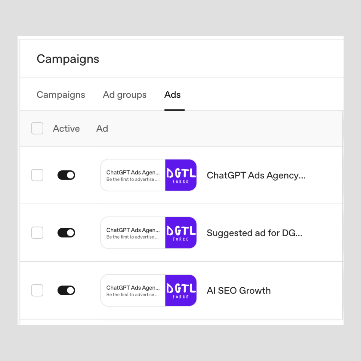 ChatGPT Ads test campaign