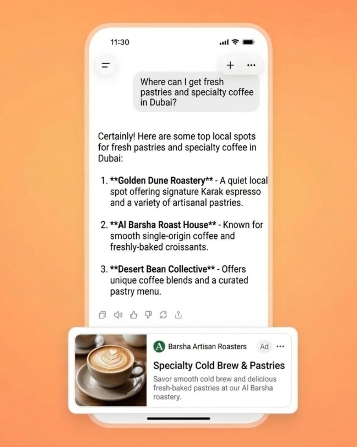 Live ChatGPT answer with a sponsored ad in the UAE